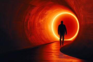 A person stands at the threshold of a mysterious tunnel with a vibrant red glow emanating from the entrance.