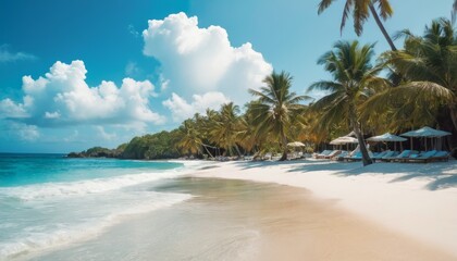 An idyllic tropical beach with white sands, swaying palm trees, and a clear blue sky, embodying the essence of paradise.