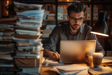 Obraz premium An entrepreneur working late at a laptop in a sleek office space, surrounded by stacks of documents and a cup of coffee