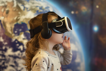 A young child wearing virtual reality goggles, exploring a virtual world with wonder and amazement - obrazy, fototapety, plakaty