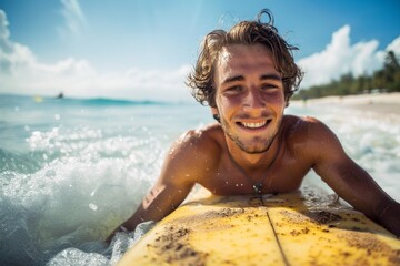 Young man surfing - obrazy, fototapety, plakaty