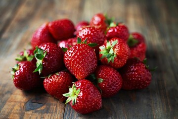 Closeup of fresh organic strawberries on a wooden table