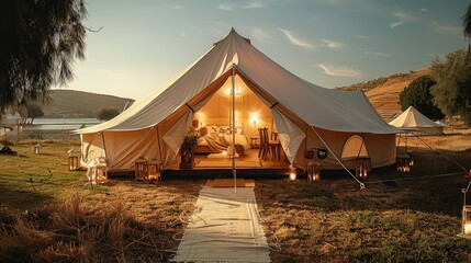 Wedding tent turned into an hotel glamping site. Generative AI.