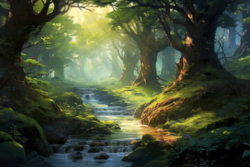 A serene forest scene with sunlight streaming through the canopy, illuminating a winding path and a tranquil stream