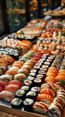 A grand feast of sushi laid out on a massive table. Generative AI.