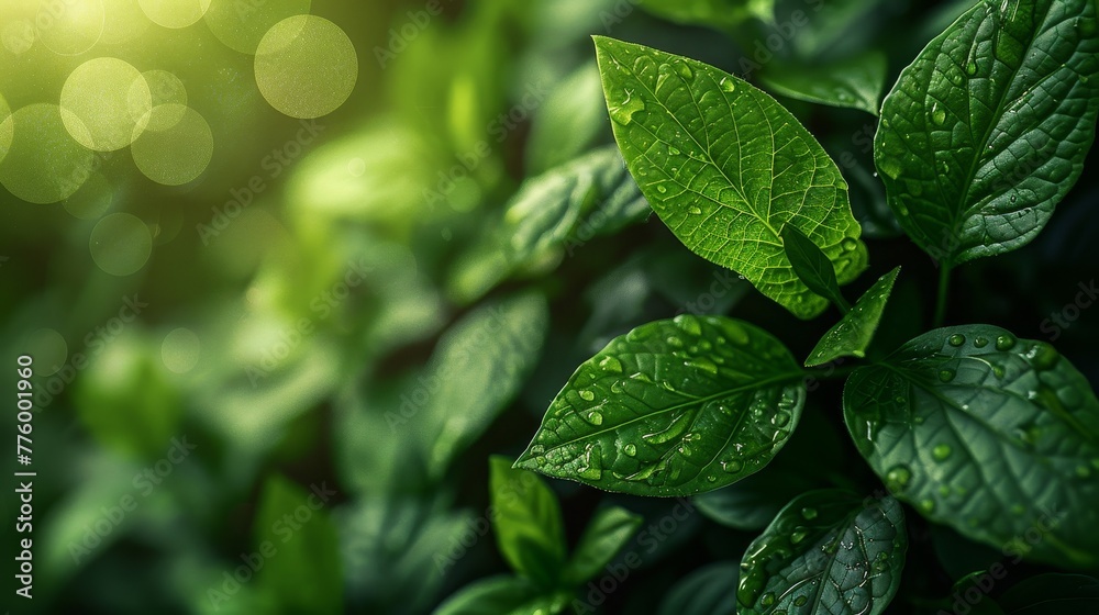 Poster fresh nature photograph of green leaf on blurry greenery background with copy space using as backgro