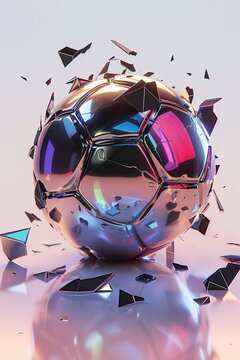 A 3D soccer football in motion surrounded by shattered pieces, designed for sports background.