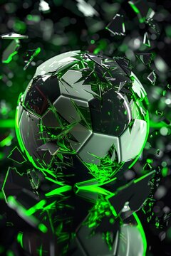 A 3D soccer football in motion surrounded by shattered pieces, designed for sports background.