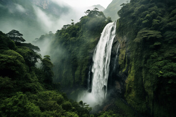 Fototapeta na wymiar A majestic waterfall cascading down a lush green mountainside, surrounded by vibrant foliage and misty air