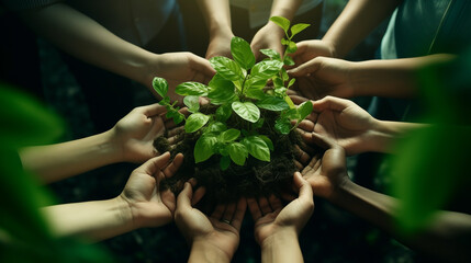 Green business forest of growing with plants in hands. Sustainability and earth in hands of people for teamwork, support, environment Collaborating, growing, investing in people, soil for future.