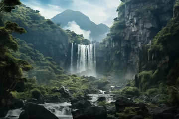 Poster A majestic waterfall cascading down a lush green mountainside, surrounded by vibrant foliage and misty air © The Origin 33