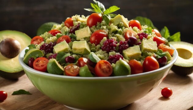 A vibrant bowl of avocado quinoa salad with tomatoes, cucumbers, and a sprinkle of herbs
