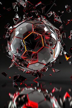 A 3D soccer football in motion surrounded by shattered pieces, designed for sports background.