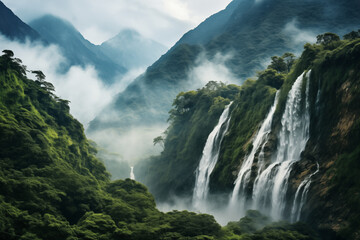 A majestic waterfall cascading down a lush green mountainside, surrounded by vibrant foliage and misty air - obrazy, fototapety, plakaty