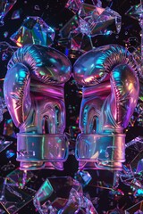 3D boxing gloves in motion surrounded by shattered pieces, designed for sports background.