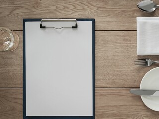 Clipboard mockup on restaurant table with copyspace