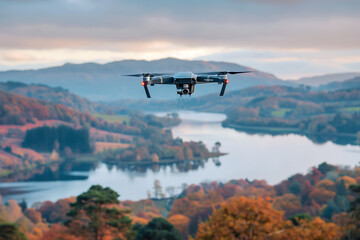 Fototapeta na wymiar A drone hovering above a scenic landscape, capturing breathtaking aerial footage with its high-resolution camera