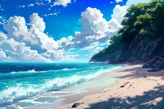Fototapeta Immersive Beach waves anime visual novel game. Sky palm. Generate Ai