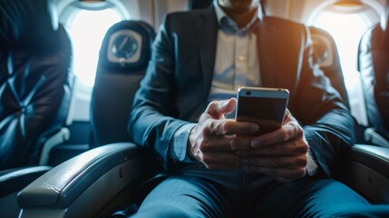 Businessman Managing Work Schedule and Meetings on Smartphone During Air Travel - obrazy, fototapety, plakaty