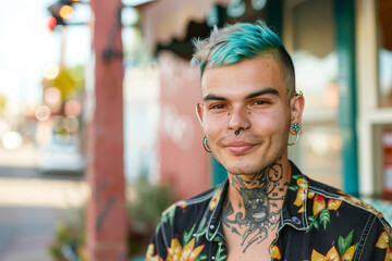 Confident transgender man, 25, with blue hair and piercings, wears punk attire outside LGBTQ+ center. Advocates for youth empowerment amidst discrimination.
