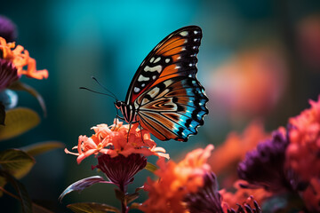 Obraz premium A close-up of a colorful butterfly resting on a blooming flower, showcasing the delicate beauty of nature