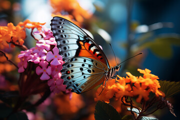 A close-up of a colorful butterfly resting on a blooming flower, showcasing the delicate beauty of...