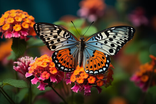 A close-up of a colorful butterfly resting on a blooming flower, showcasing the delicate beauty of nature