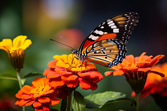 A close-up of a colorful butterfly resting on a blooming flower, showcasing the delicate beauty of nature