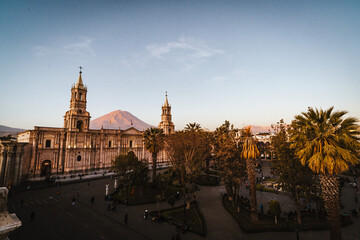 view of the main church in the white city Arequipa in Peru at sunset