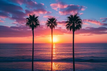 Tropical Beach palms sunset sky. Water sunrise view. Generate Ai - obrazy, fototapety, plakaty