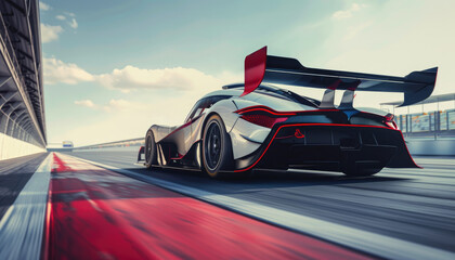 Obraz premium A red race car is speeding down a track by AI generated image