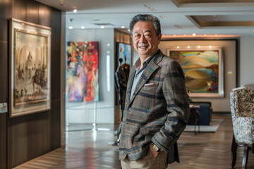 Portrait of happy senior Asian man looking at camera in art gallery
