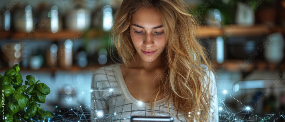 Poster graphics showing digitalization visualization of connected home electronics devices: young woman usi