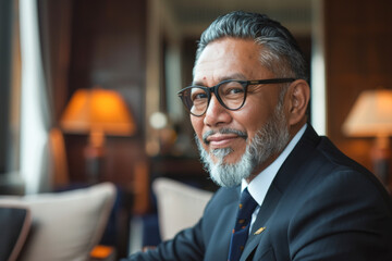 Portrait of senior asian businessman in hotel lobby. 
