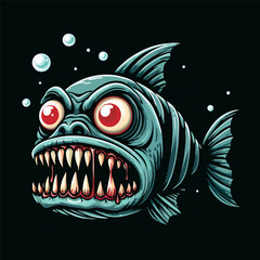 Furious scary piranha with an open mouth. flat art vector design for tshirt, logo, emblem and sticker. esport