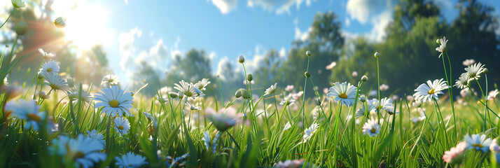 Beautiful spring landscape with meadow flowers,  landscape grass scene.