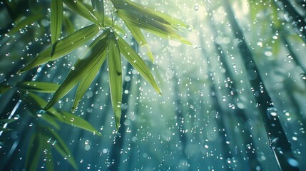 A bamboo in the forest, drops on the leaves, some rain in the air. Generative AI.