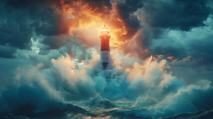 Beacon in the storm, lighthouse as symbol of leadership and vision, dramatic setting - obrazy, fototapety, plakaty