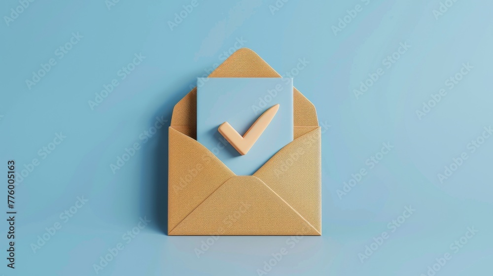 Fototapete In an open envelope, a letter with a check mark or confirmation is shown. Approval concept. Isolated on background. 3D rendering.