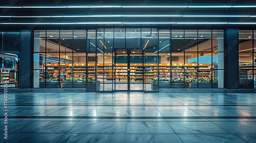 Aufkleber a large supermarket through a ground-level glass facade with a neatly ordered. generative ai.