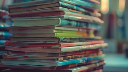 Detailed stack of assorted magazines, colorful and sharp, closeup, soft light ambiance