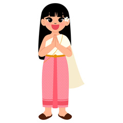 happy girl wearing thai traditional costume and greeting cartoon illustration