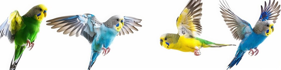 Fototapeta premium Budgerigars parakeets of 4 different colors, yellow blue green and white, flying or standing on the floor on a pure white background