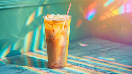 Iced latte caramel in double insulated glass, summer drink, paper straw, marble, green wall, rainbow glow