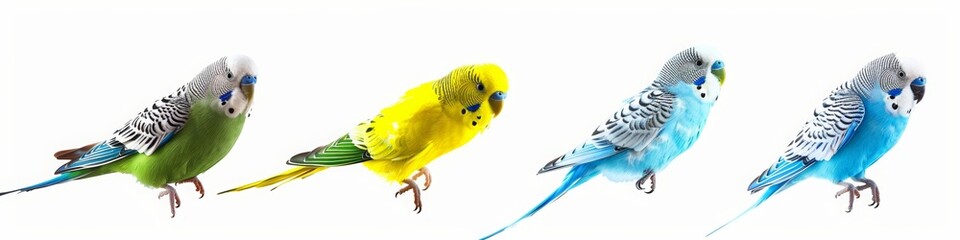 Budgerigars parakeets of 4 different colors, yellow blue green and white, flying or standing on the floor on a pure white background