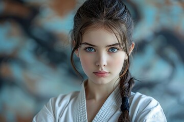 Karate girl in stance, black belt visible, focused and strong, clean background - obrazy, fototapety, plakaty