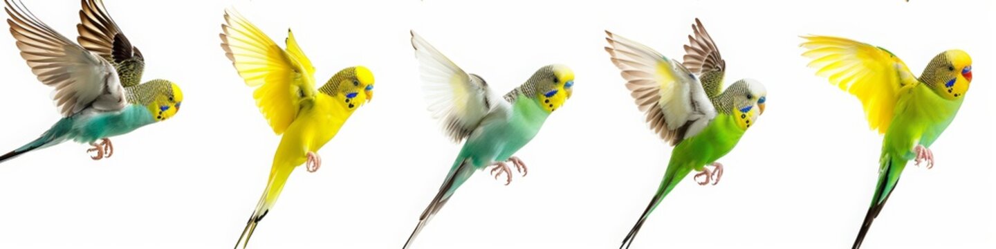 Budgerigars parakeets of 4 different colors, yellow blue green and white, flying or standing on the floor on a pure white background