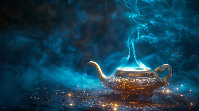 Magical lamp with smoke, wish concept, mystical atmosphere, softfocused background