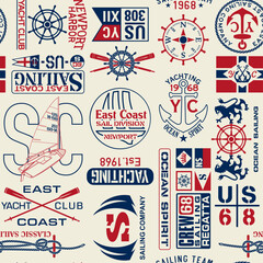 East coast nautical sailing badges and typography elements vintage vector seamless pattern for fabric print tablecloth pillow wallpaper wrapping - obrazy, fototapety, plakaty