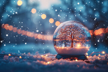 Twilight snowglobe scene, abstract background lights, concept of wishes and dreams - obrazy, fototapety, plakaty
